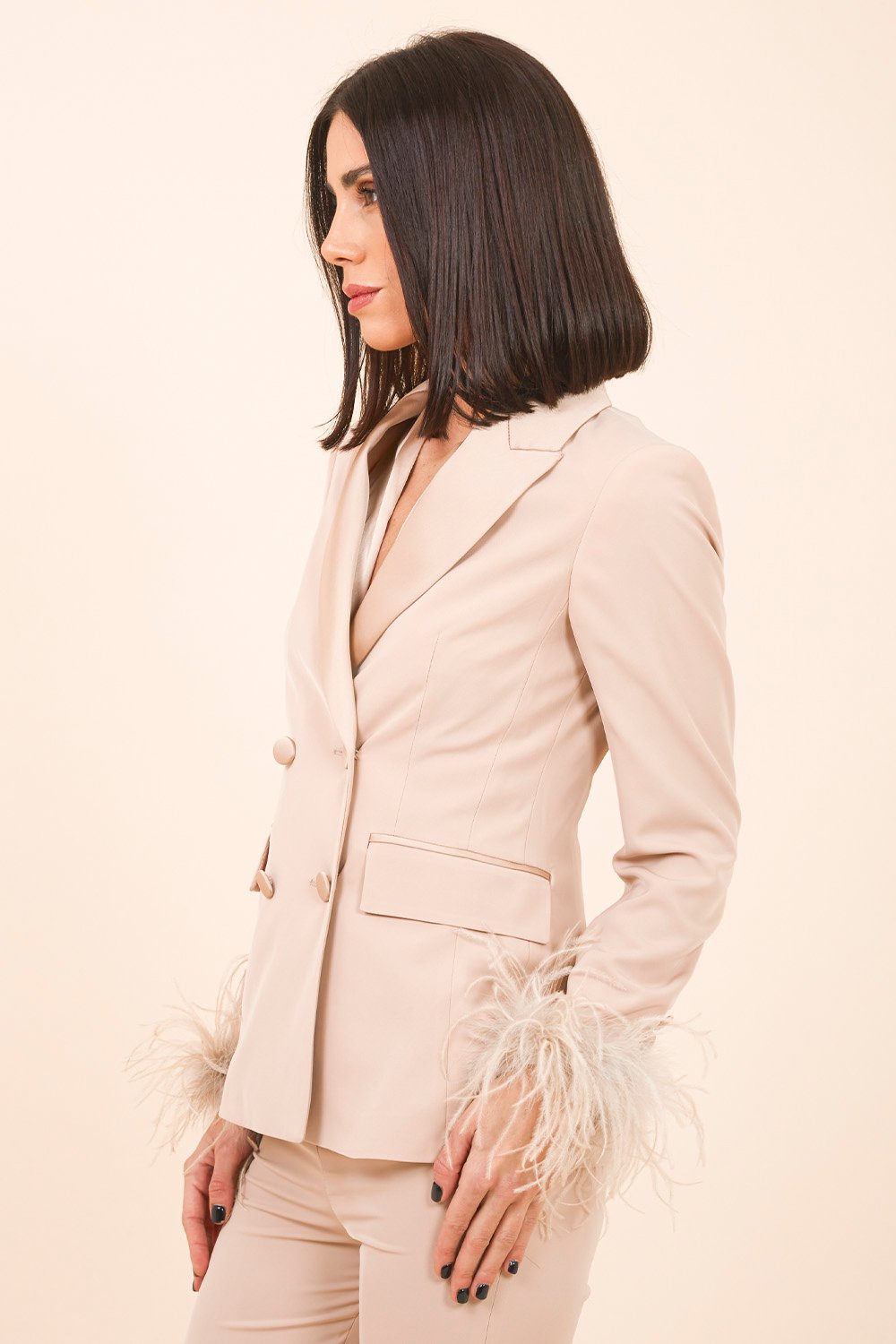 Double Breasted Crepe Suit with Champagne Satin Lapel