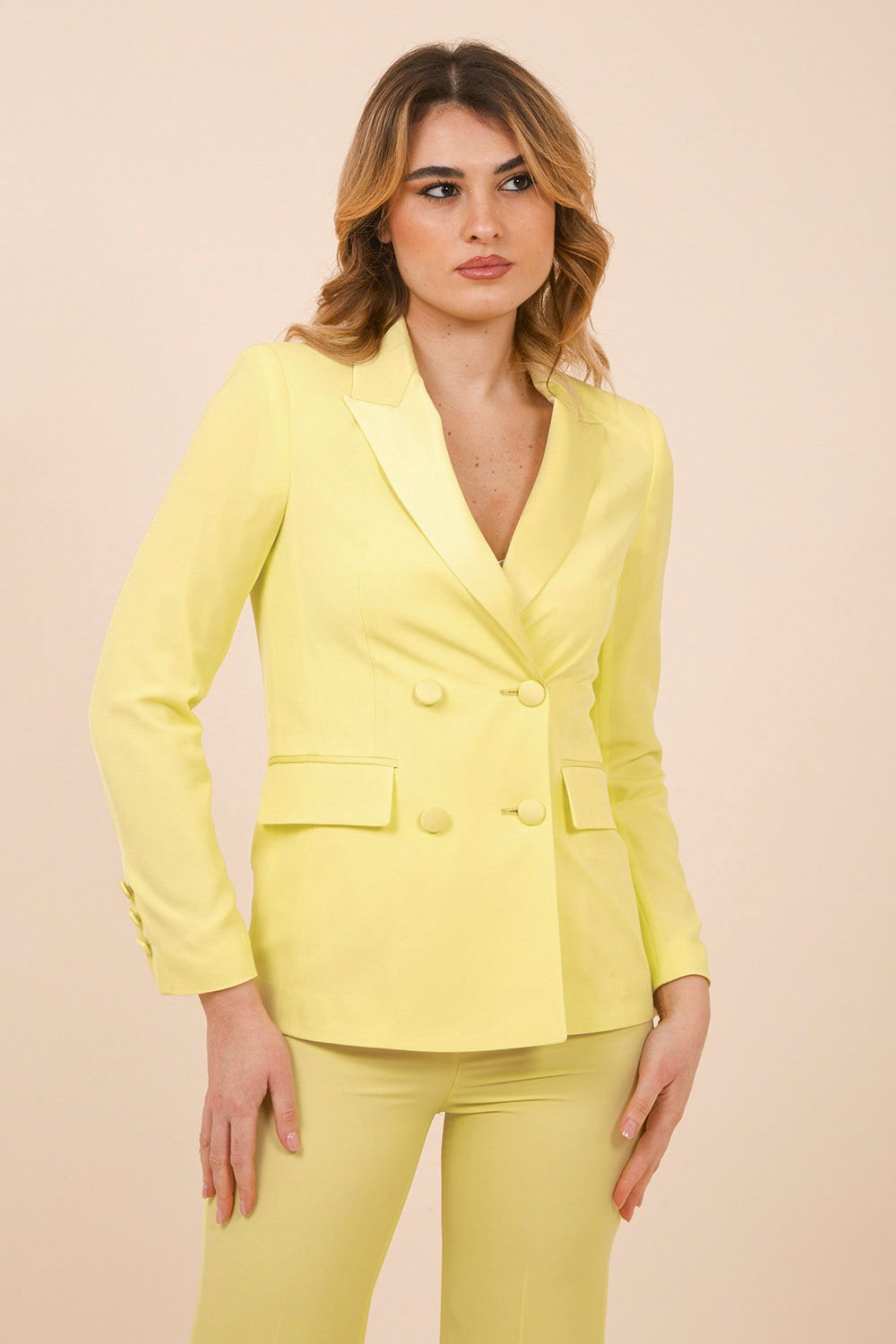 Double Breasted Crepe Suit with Satin Shiny Lemon Lapel