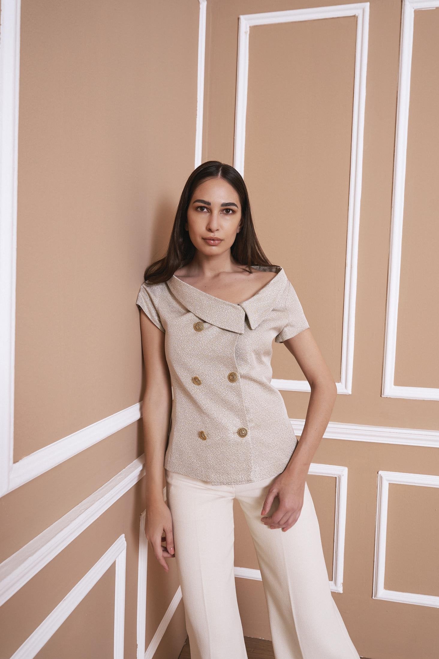 Blazer Crop Vintage Style in Gold Jacquard