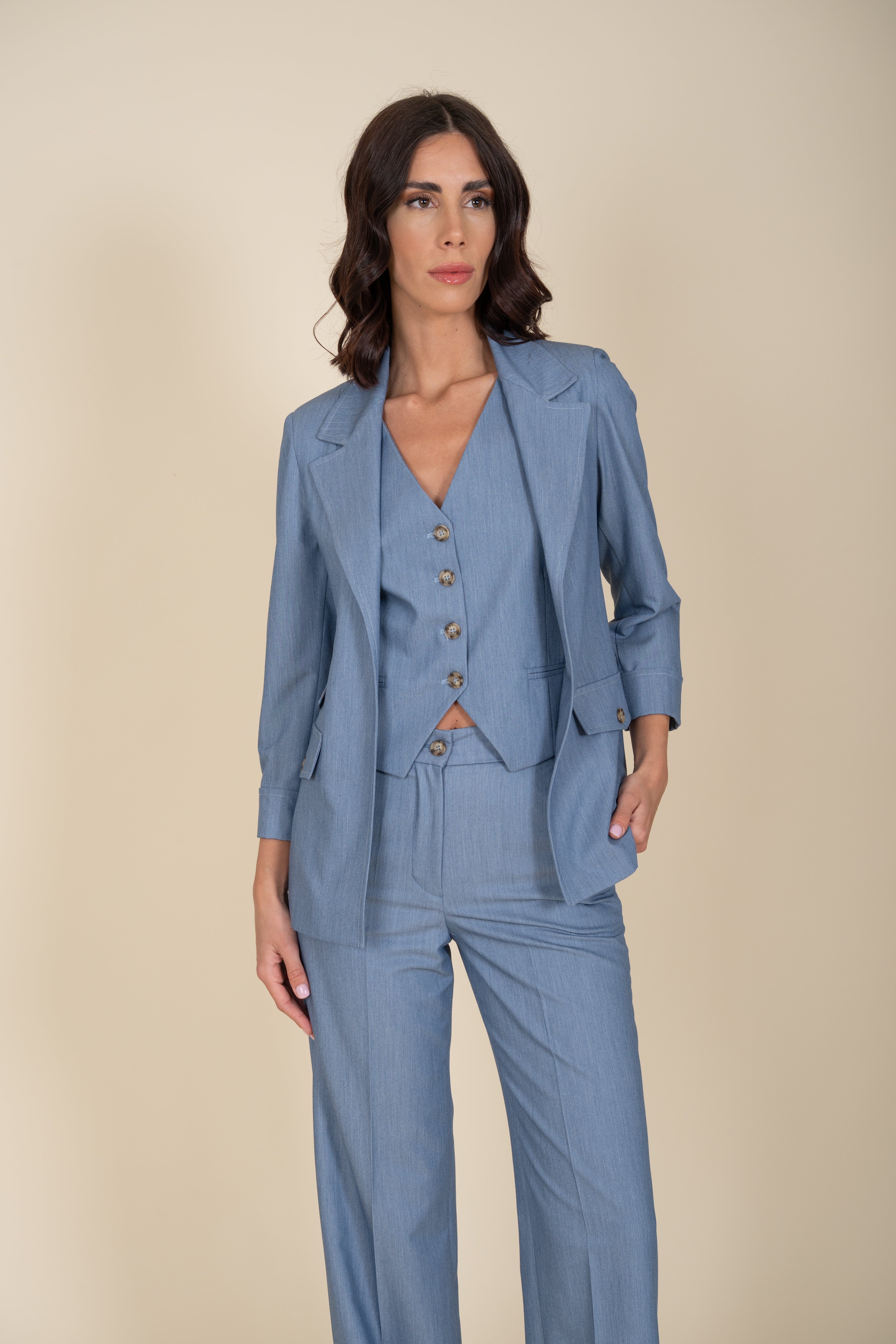 3 Piece Double Breasted Denim Suit - Sariana Model