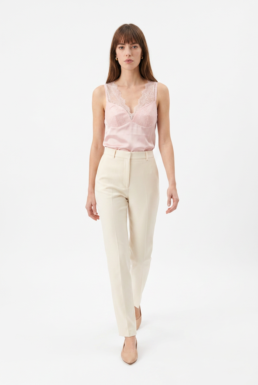 Rose Silk Top– Top Satinato con Dettagli in Pizzo