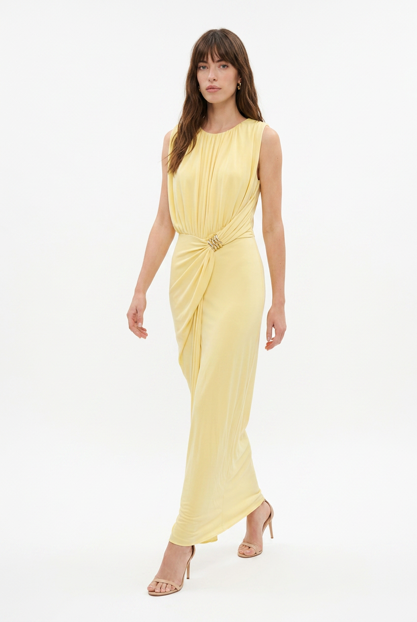 Solea Dress – Abito Midi Drappeggiato con Dettaglio Gioiello