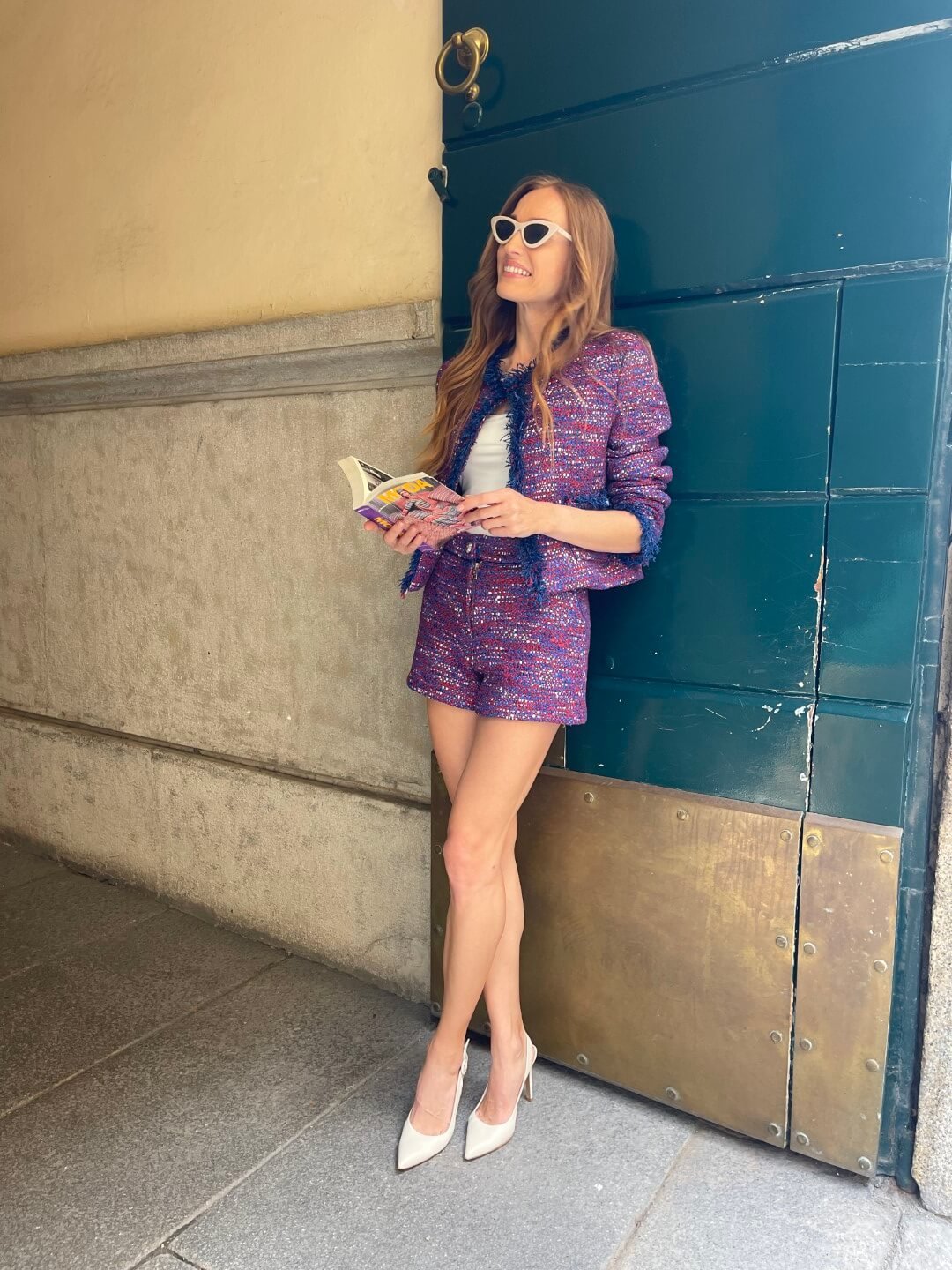 Shorts Blue & Red fringed bouclé