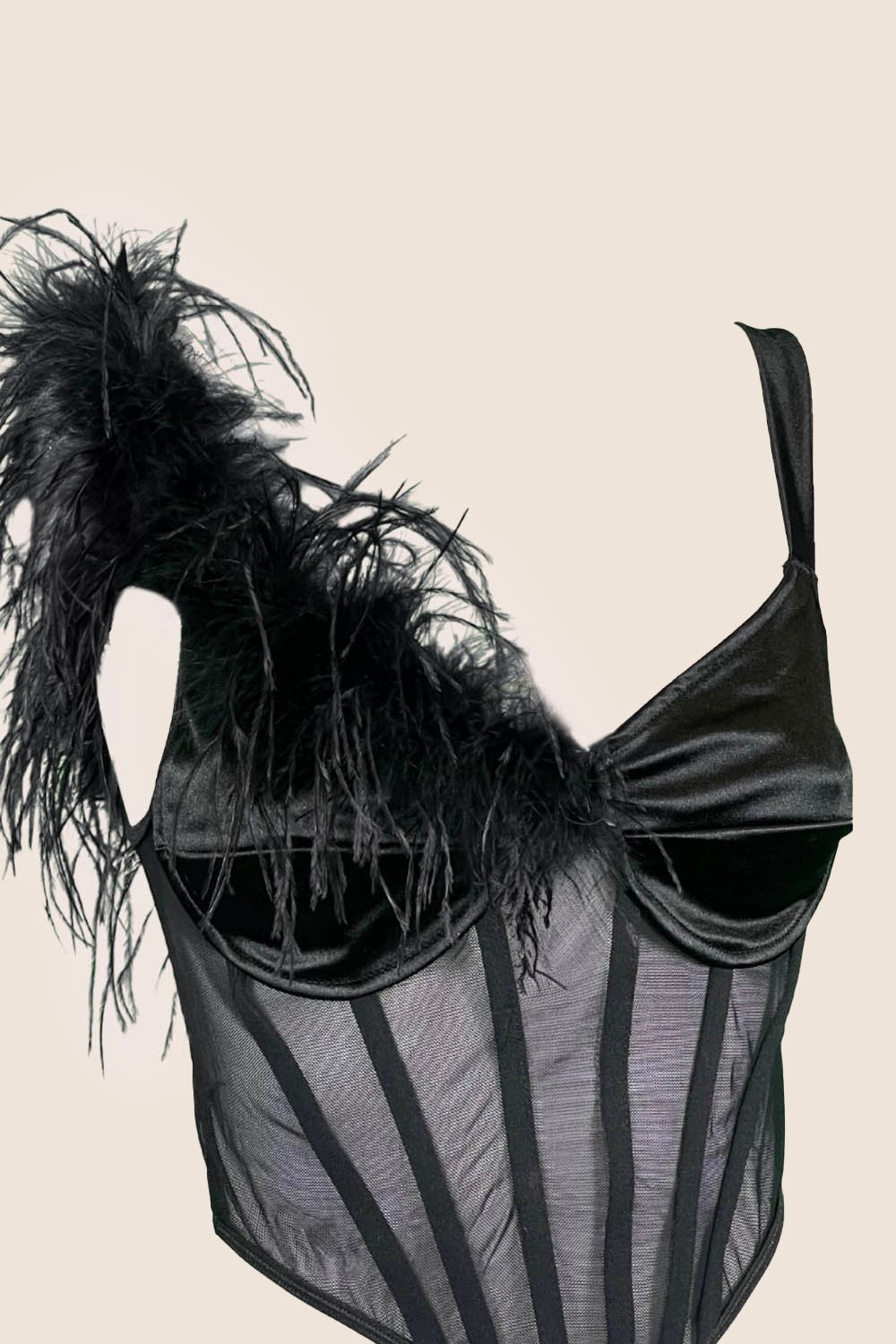Bralette con Boa di Piume in Nero