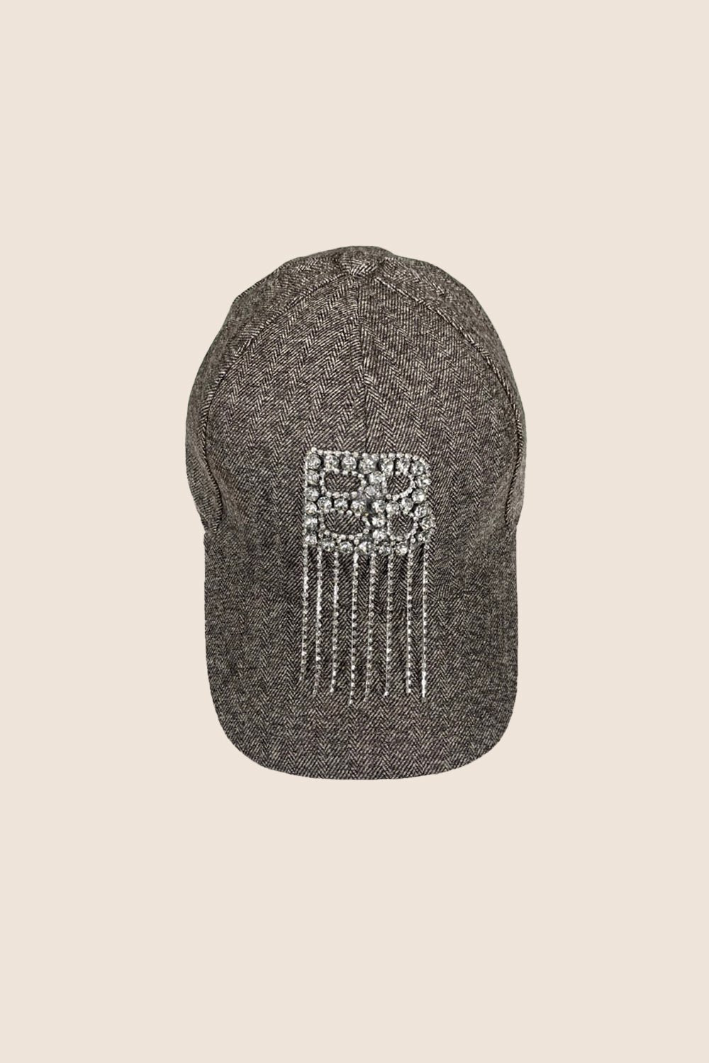 Cappellino da baseball in tweed grigio con cristalli