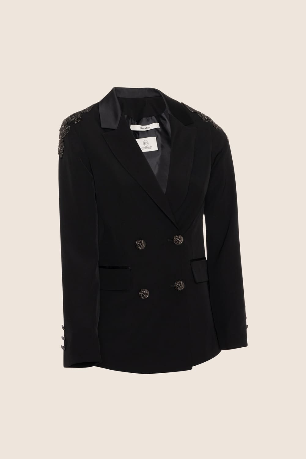 Blazer Doppio Petto in Crepe Nera con Applicazioni