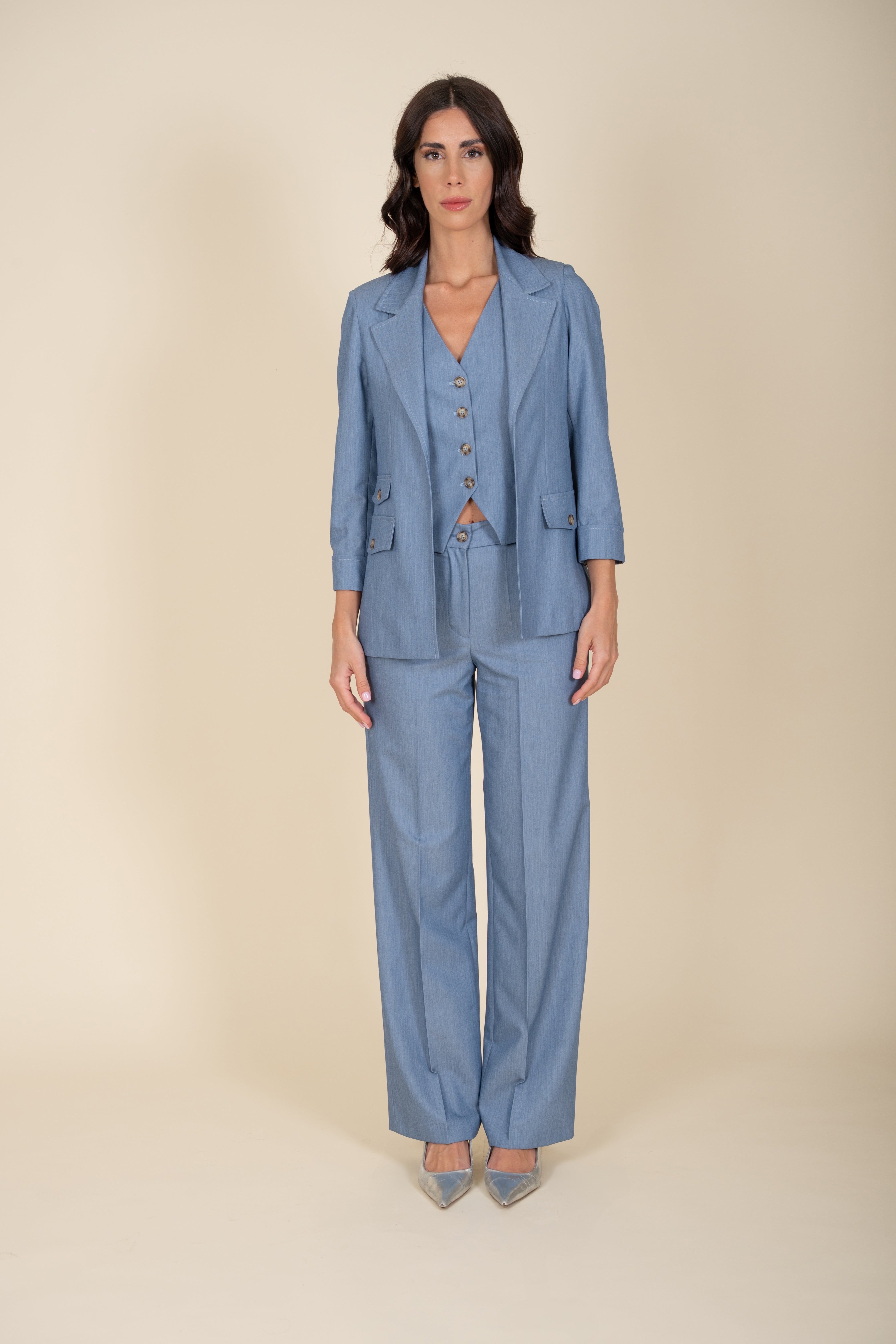 3 Piece Double Breasted Denim Suit - Sariana Model