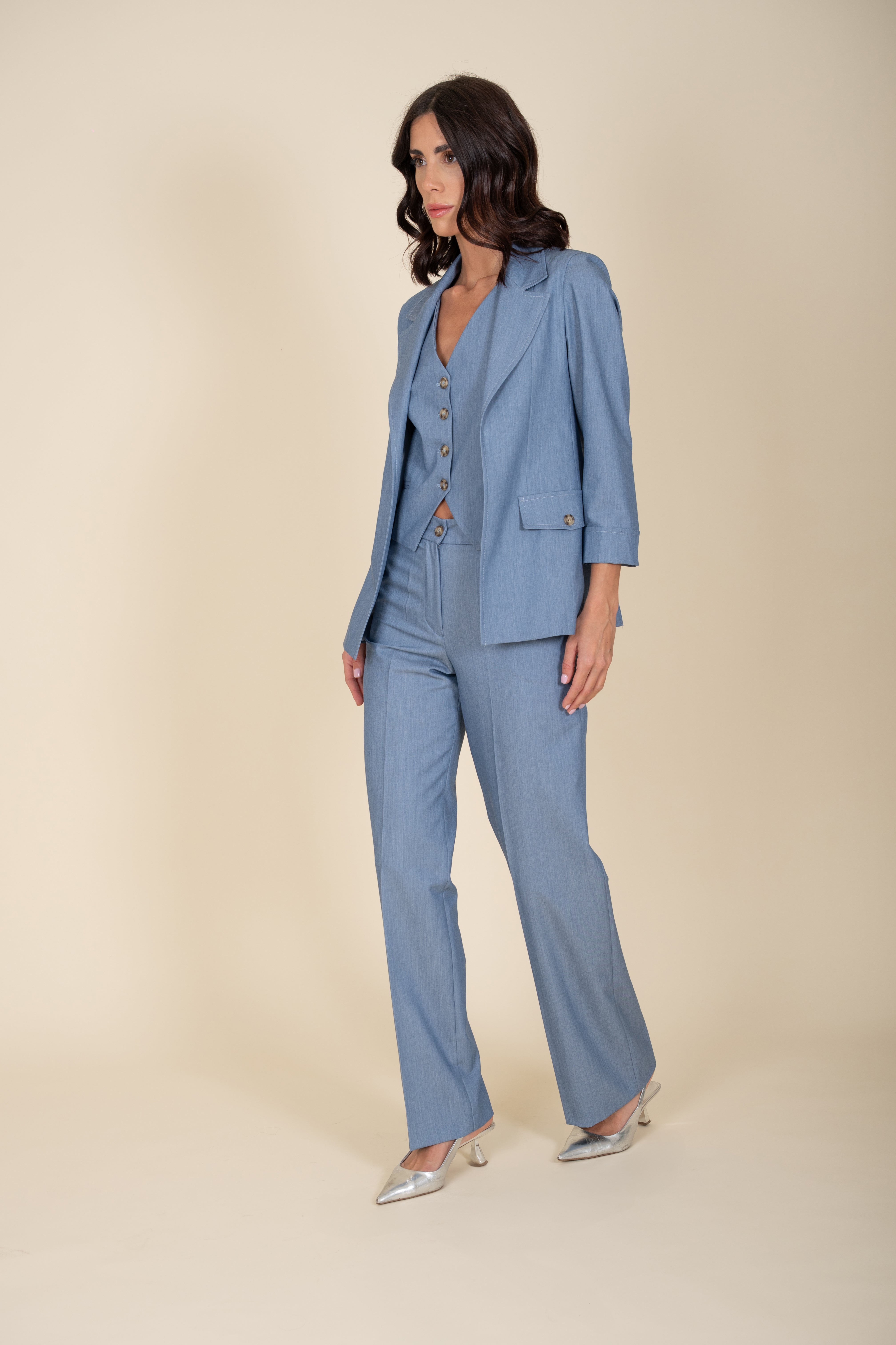 3 Piece Double Breasted Denim Suit - Sariana Model