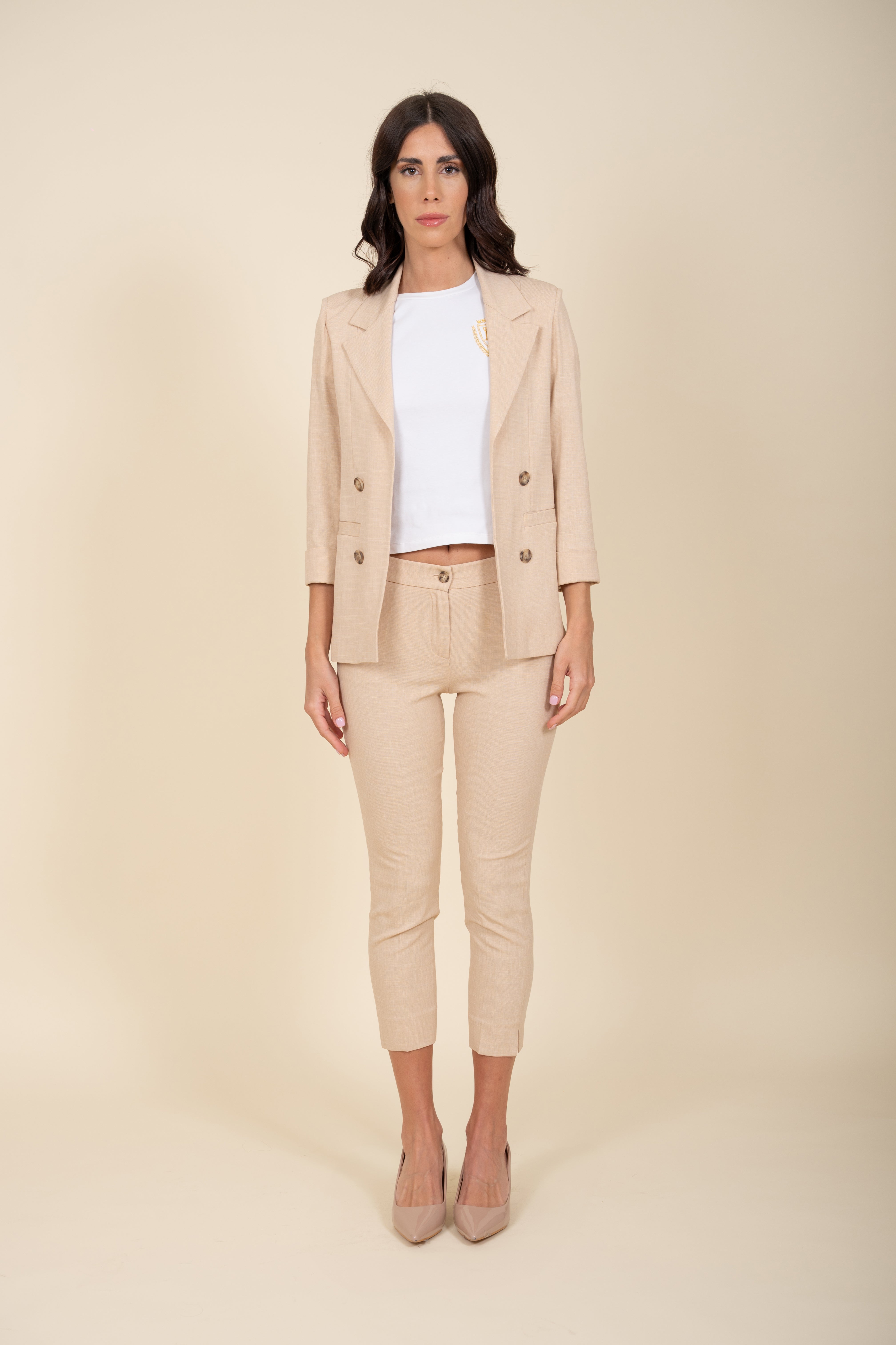 Beige Linen Double Breasted Suit