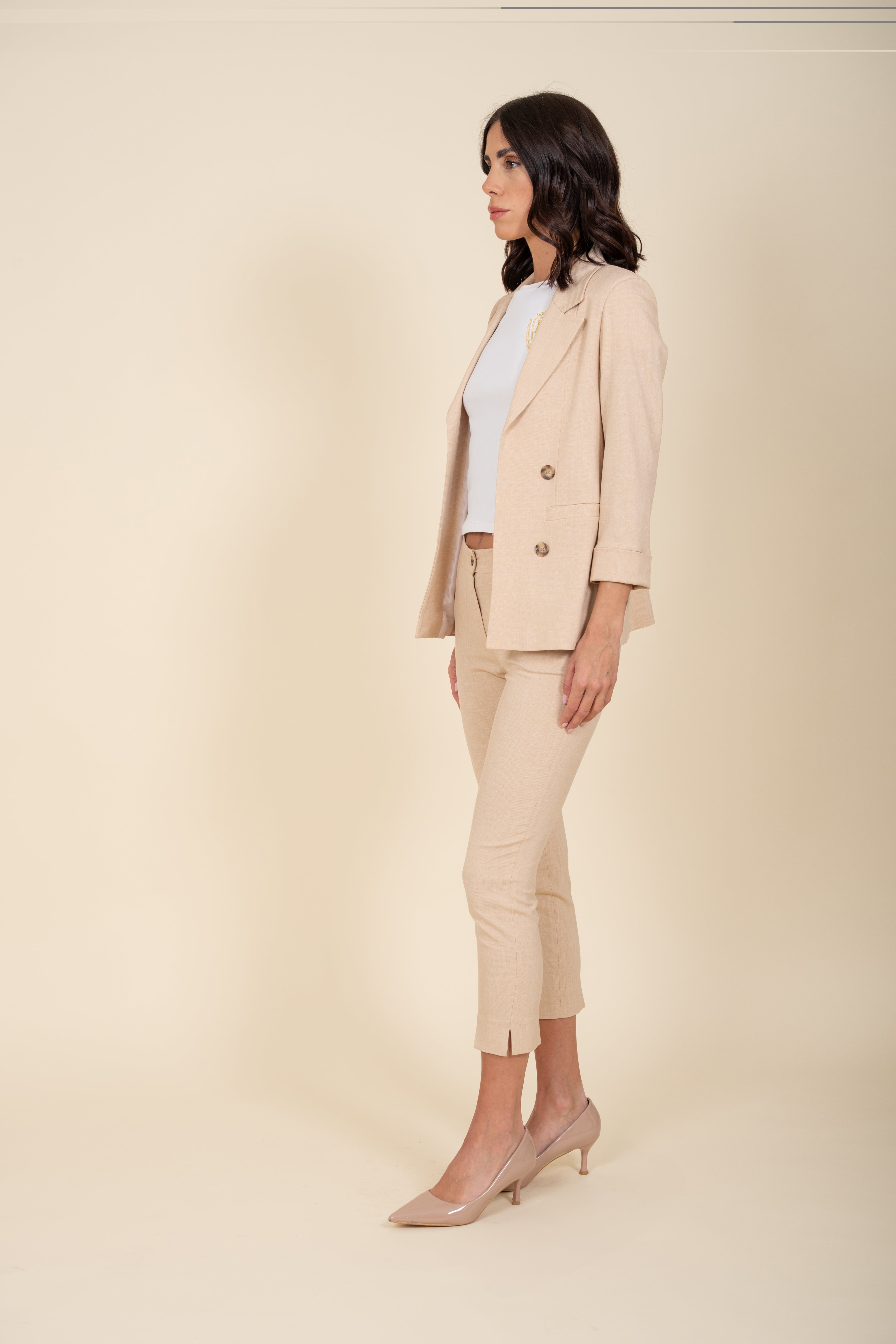 Beige Linen Double Breasted Suit