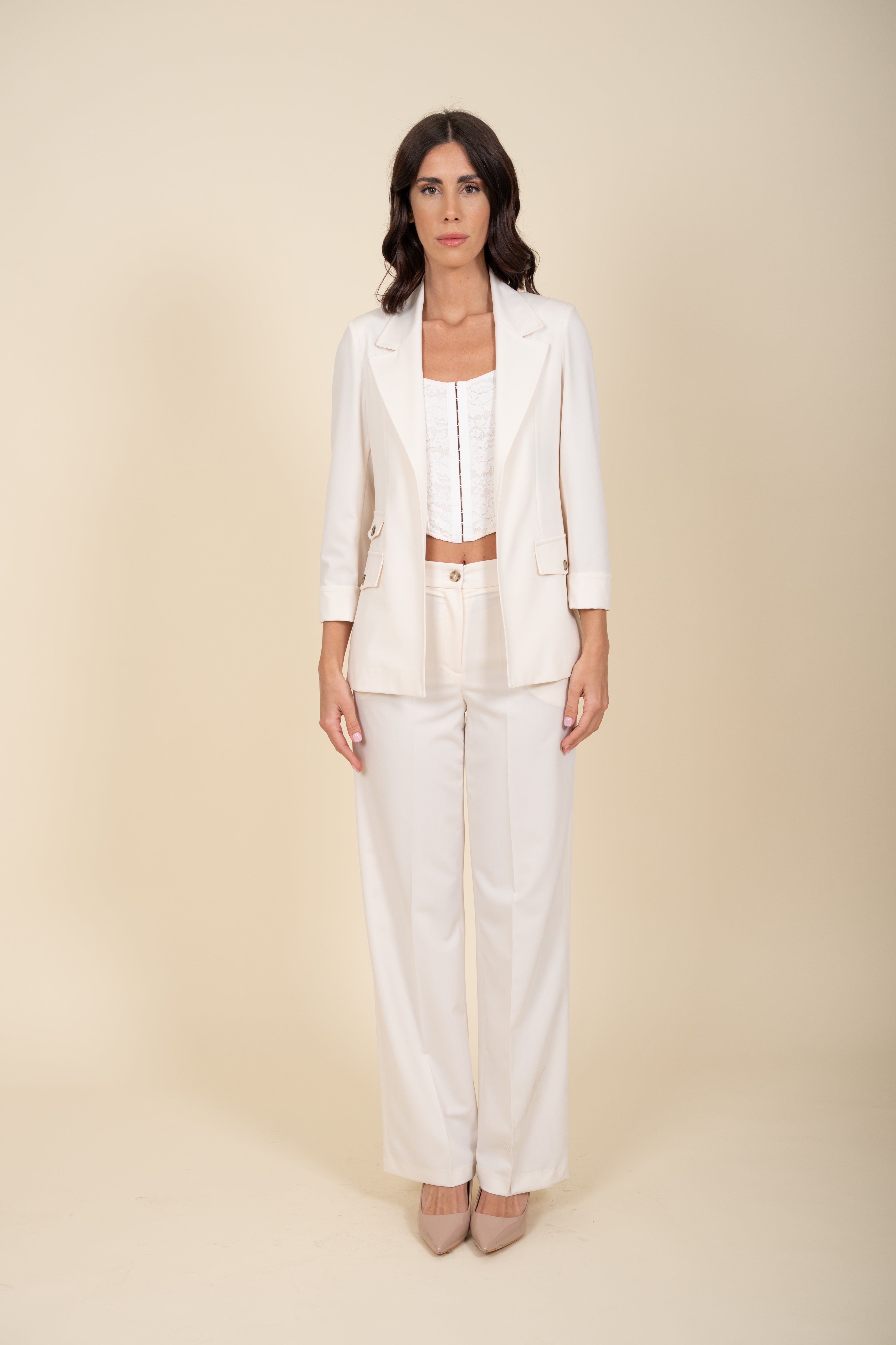 Double Breasted Suit in Cream Viscose - Sariana Model