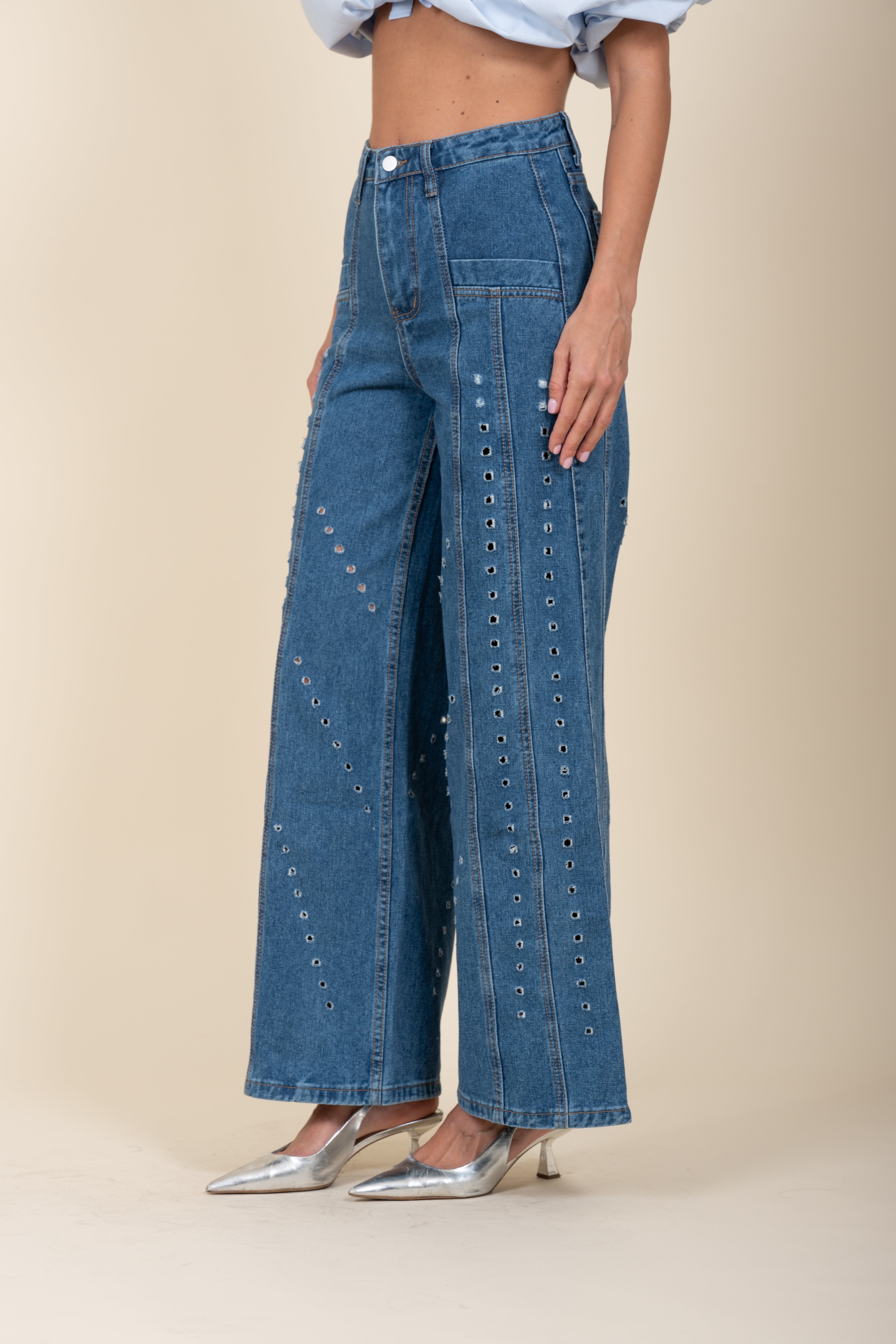 Perforated wide leg jeans