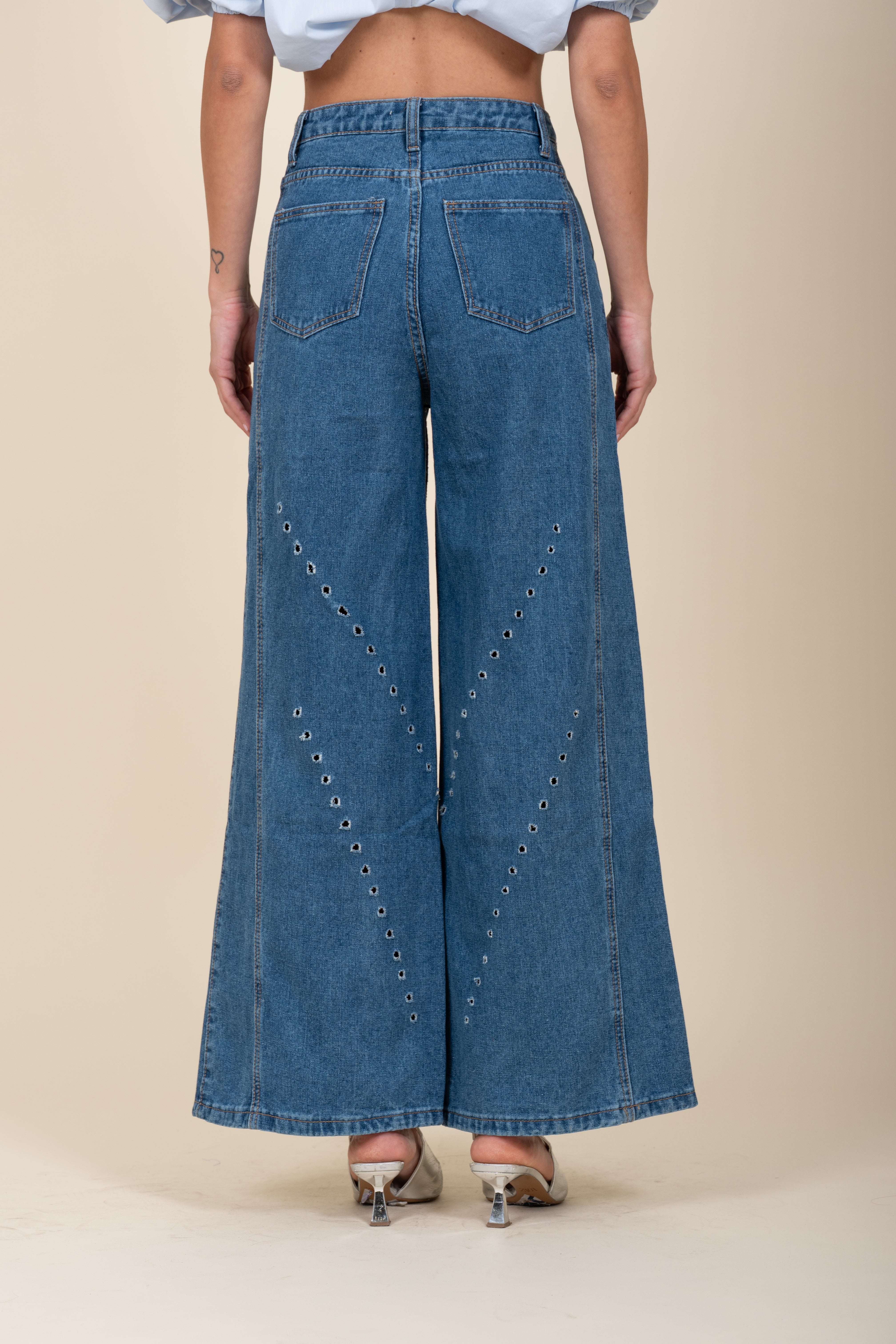 Perforated wide leg jeans