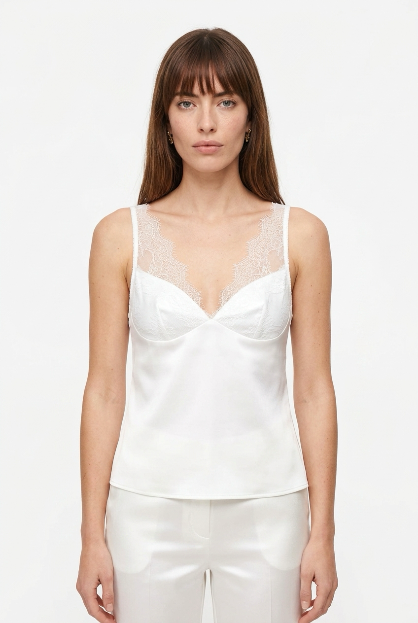 Rose Silk Top– Top Satinato con Dettagli in Pizzo
