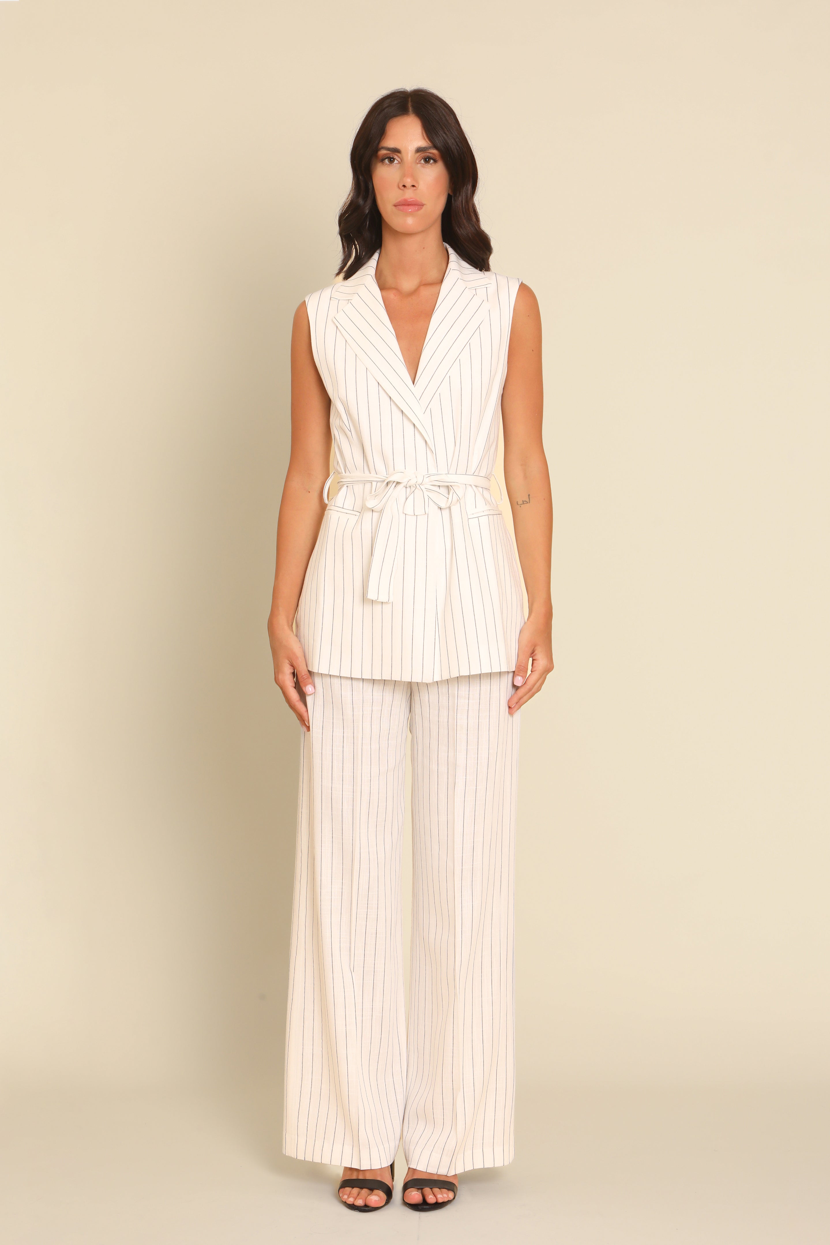 Sleeveless Pinstripe Suit with Belt
