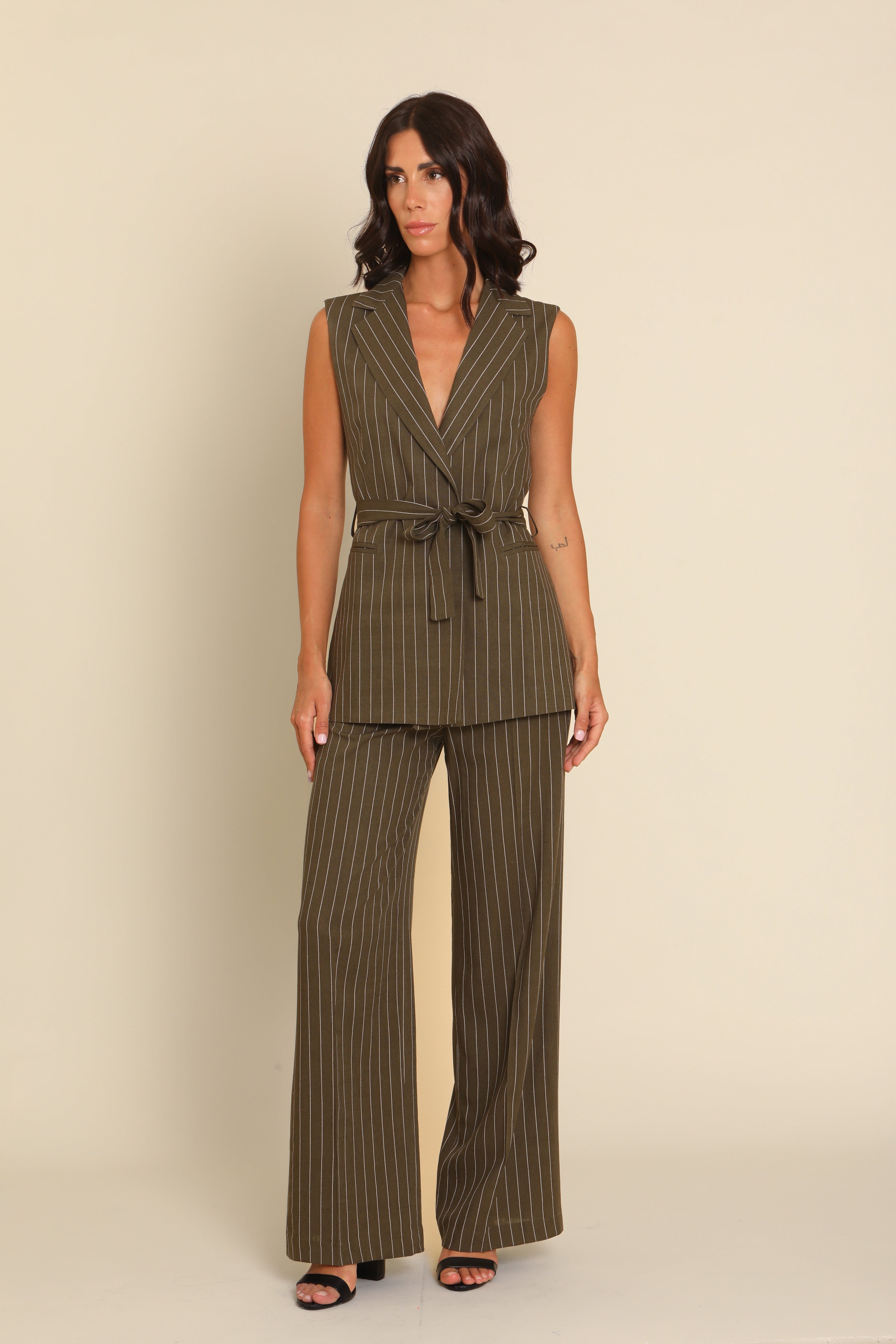 Sleeveless Pinstripe Suit with Belt