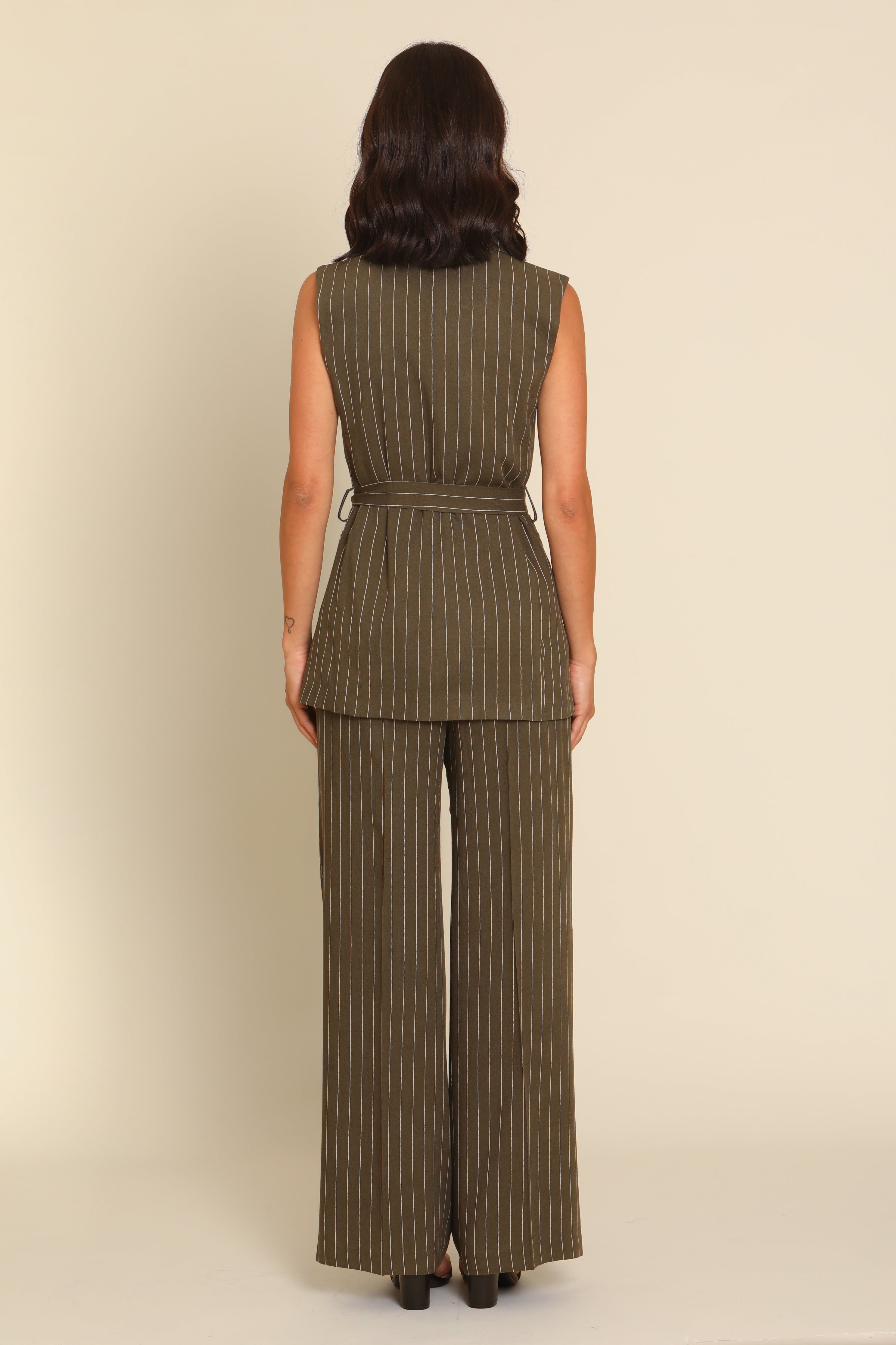 Sleeveless Pinstripe Suit with Belt